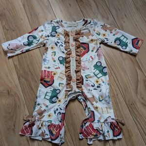 Marie Nicole Farm Print Ruffle Romper | Baby Girl 3-6M